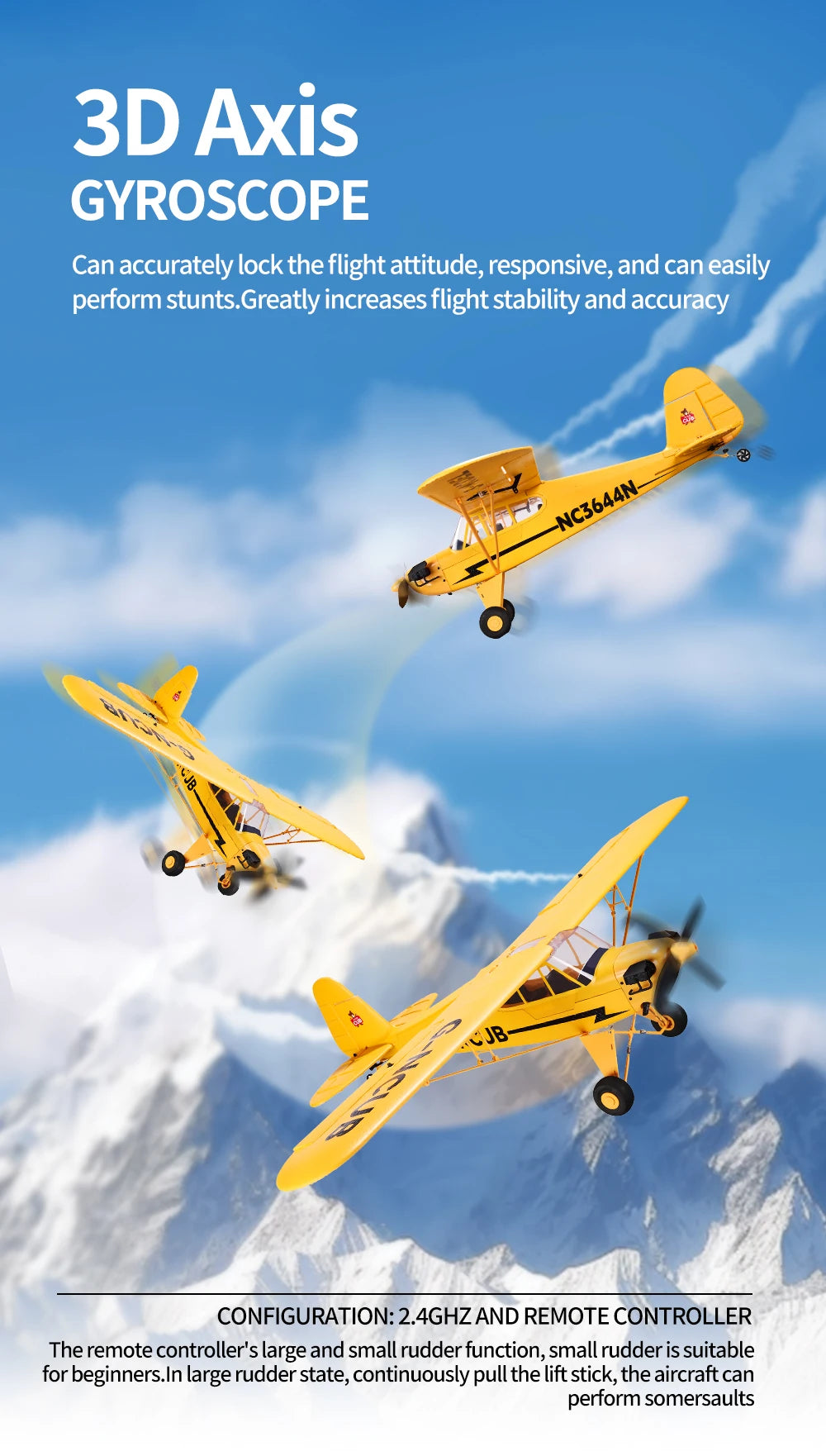 New J3-CUB RC Airplane 5CH 2.4G Remote Control Mode1 (Right Hand Throttle) 3D/6G 1406 Brushless Motor Outdoor Foam Fiexd Plane