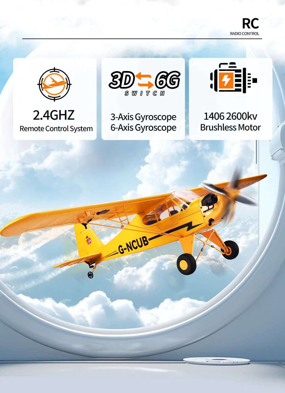 New J3-CUB RC Airplane 5CH 2.4G Remote Control Mode1 (Right Hand Throttle) 3D/6G 1406 Brushless Motor Outdoor Foam Fiexd Plane