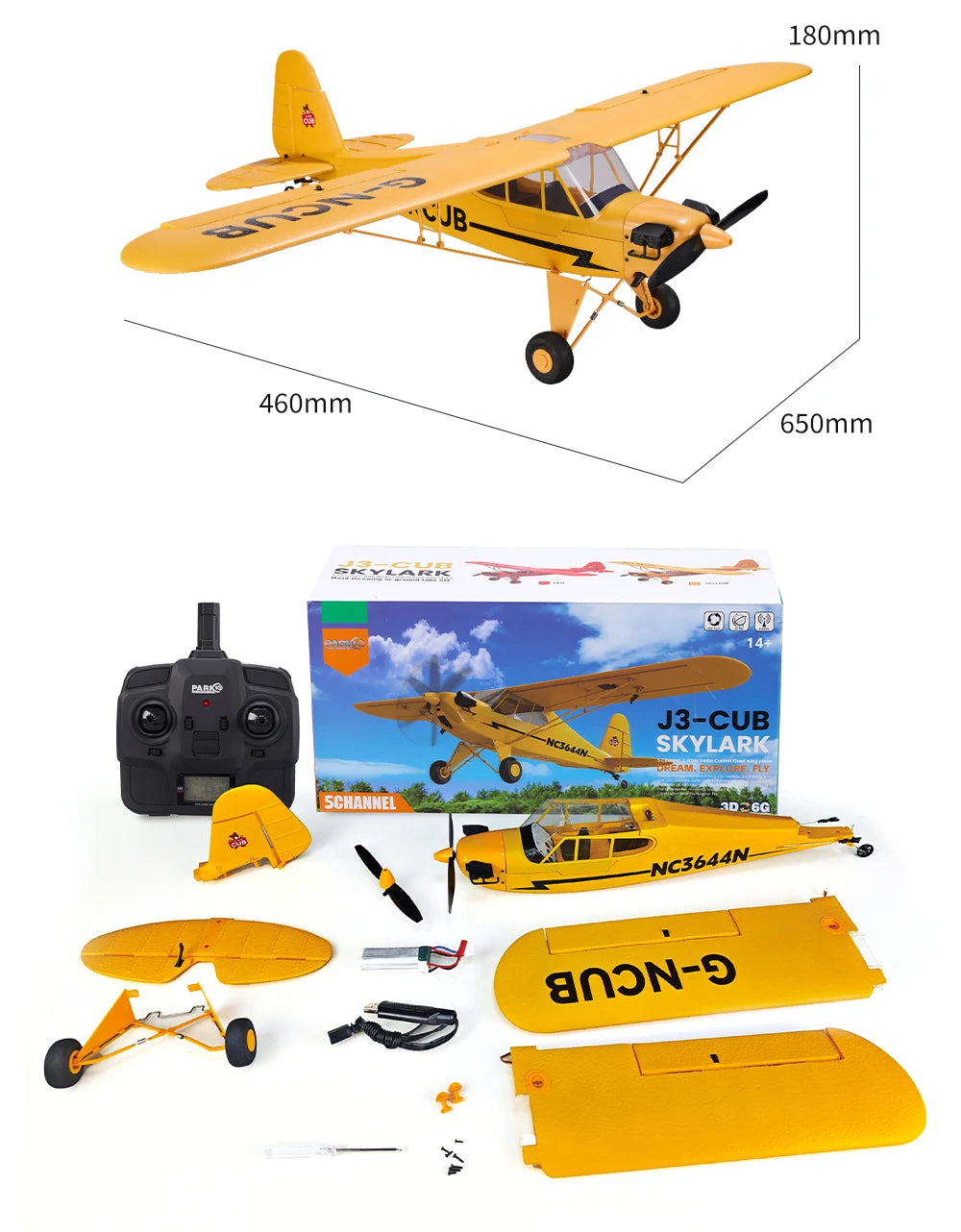 New J3-CUB RC Airplane 5CH 2.4G Remote Control Mode1 (Right Hand Throttle) 3D/6G 1406 Brushless Motor Outdoor Foam Fiexd Plane