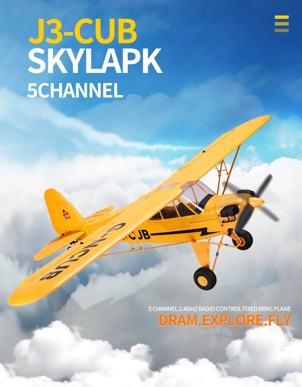 New J3-CUB RC Airplane 5CH 2.4G Remote Control Mode1 (Right Hand Throttle) 3D/6G 1406 Brushless Motor Outdoor Foam Fiexd Plane