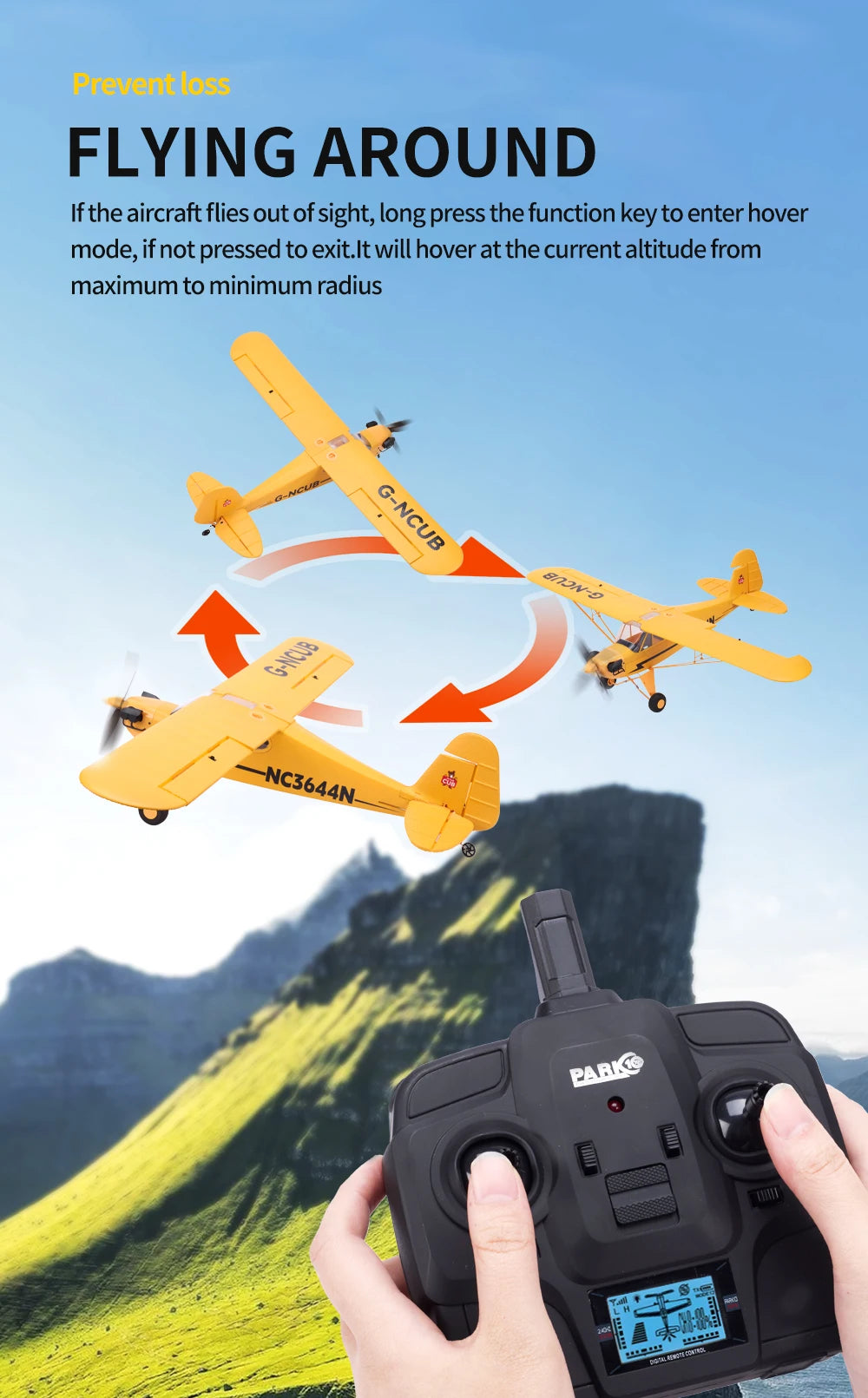 New J3-CUB RC Airplane 5CH 2.4G Remote Control Mode1 (Right Hand Throttle) 3D/6G 1406 Brushless Motor Outdoor Foam Fiexd Plane